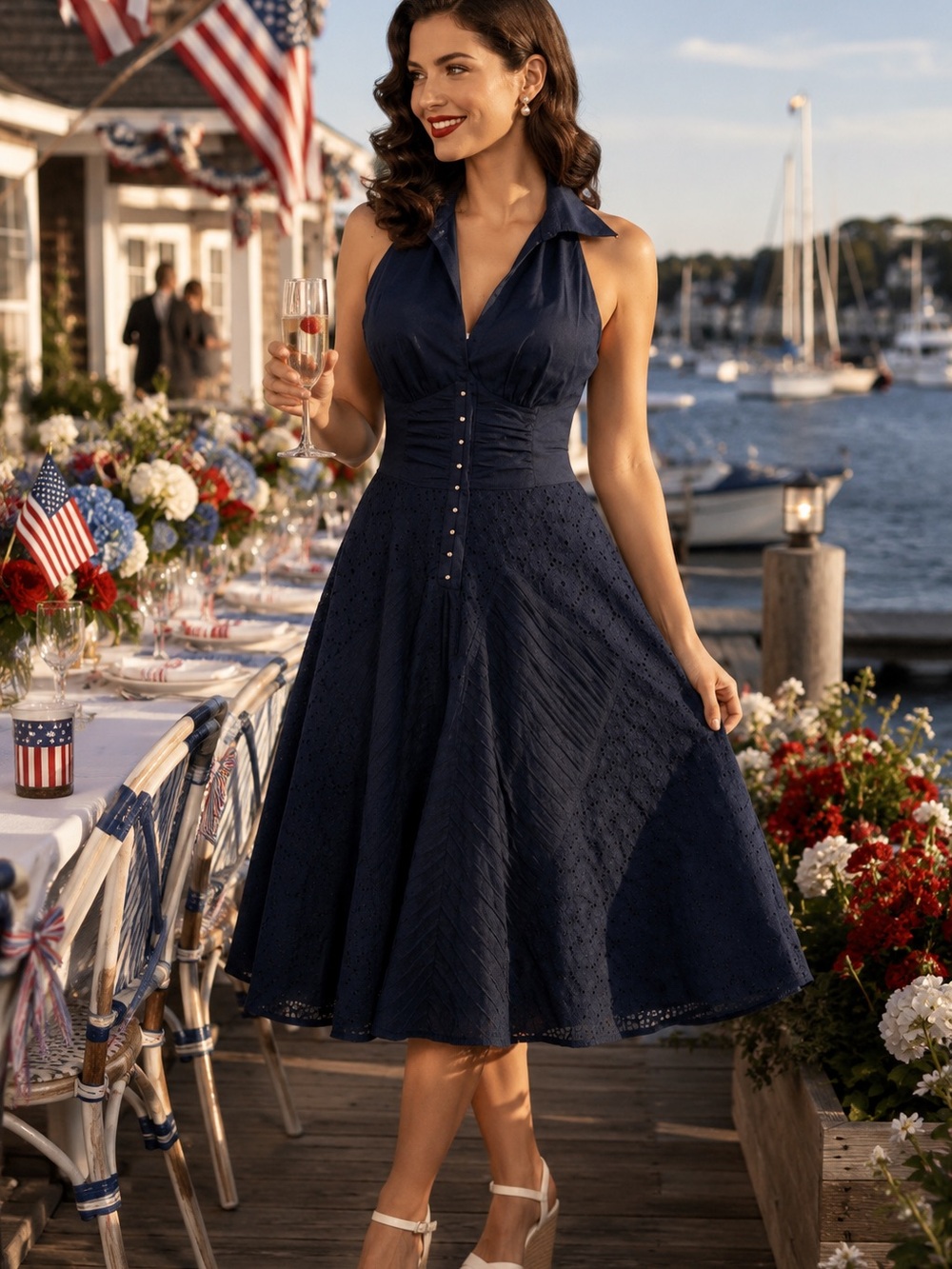 🧨Vintage Guess Navy Eyelet Fit & Flare Midi Dress NWT Size 4🇺🇸